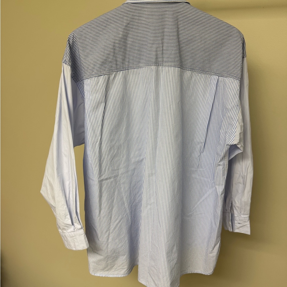 Stradivarius Blue Stripe Patchwork Button Down Sh… - image 3